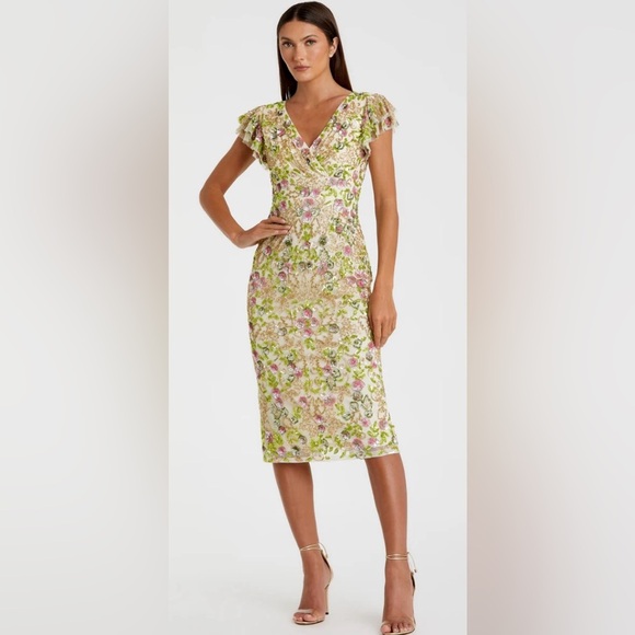 Mac Duggal Beige Floral Embellished Flutter Cap Sleeve Size 16 NWT. - Picture 1 of 16